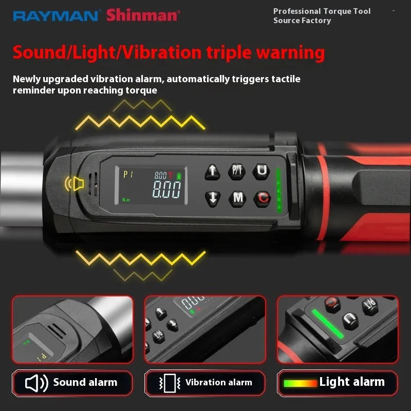 Digital display torque wrench with chrome-vanadium steel construction showing 0.15-340N range