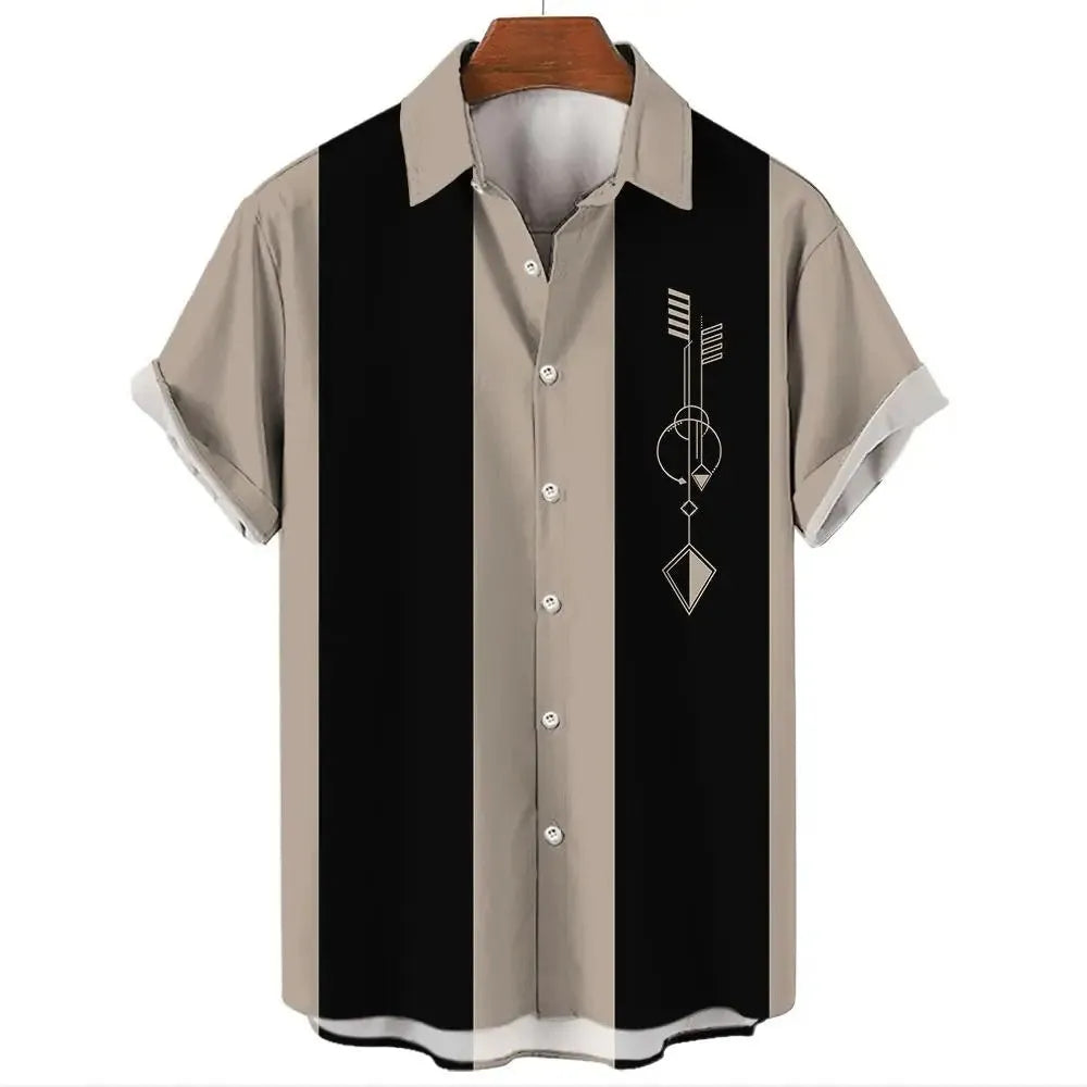 Men's striped Hawaiian short sleeve button-up shirt in a colour option, laid flat.