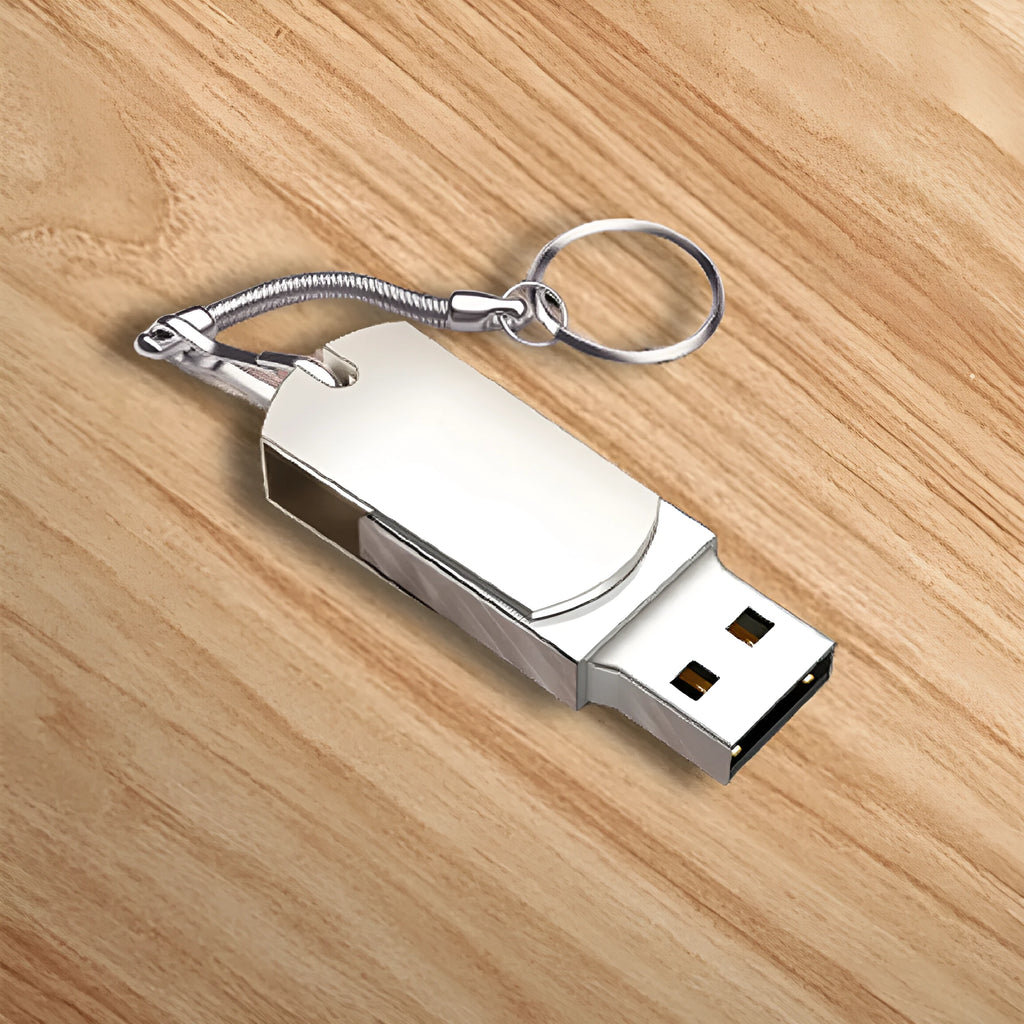 Small white metal USB flash drive with a rotating cap, showing front and side views.