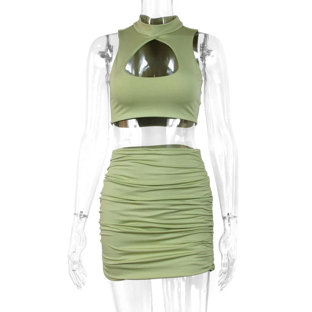 Women's light purple elastic polyester cutout vest and matching split hip skirt two-piece set