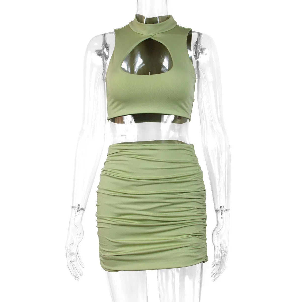 Women's light purple elastic polyester cutout vest and matching split hip skirt two-piece set