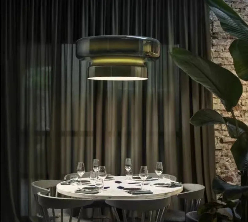 Modern glass chandelier ceiling light in four colour options measuring 36x36x18cm