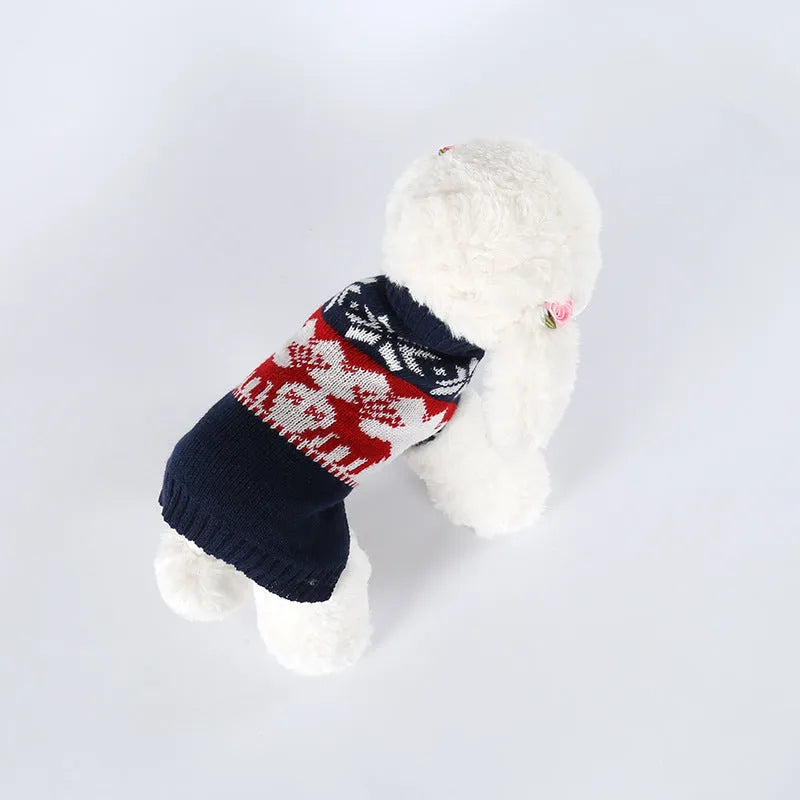 Navy blue knitted Christmas sweater for dogs in sizes XS, S, M, L