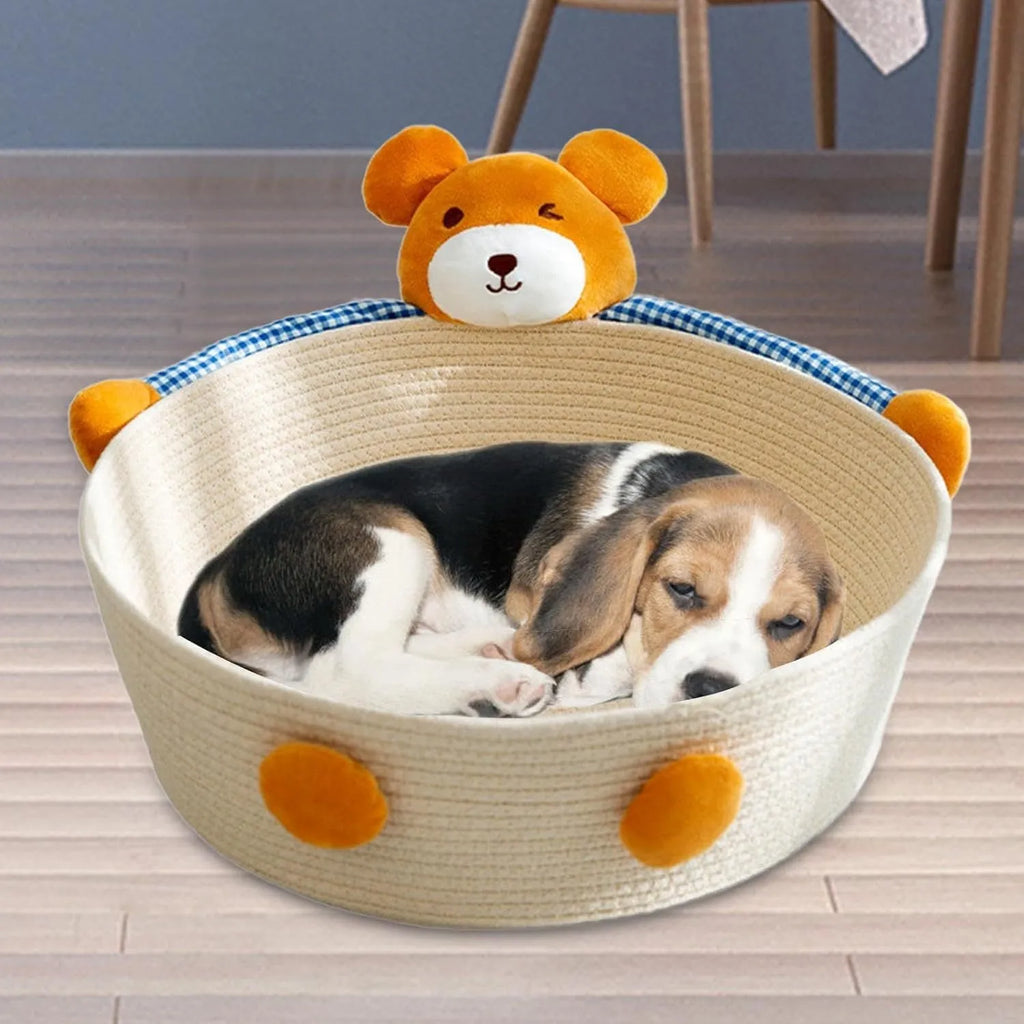 Woven cotton rope cat bed with integrated scratching surface in basket design