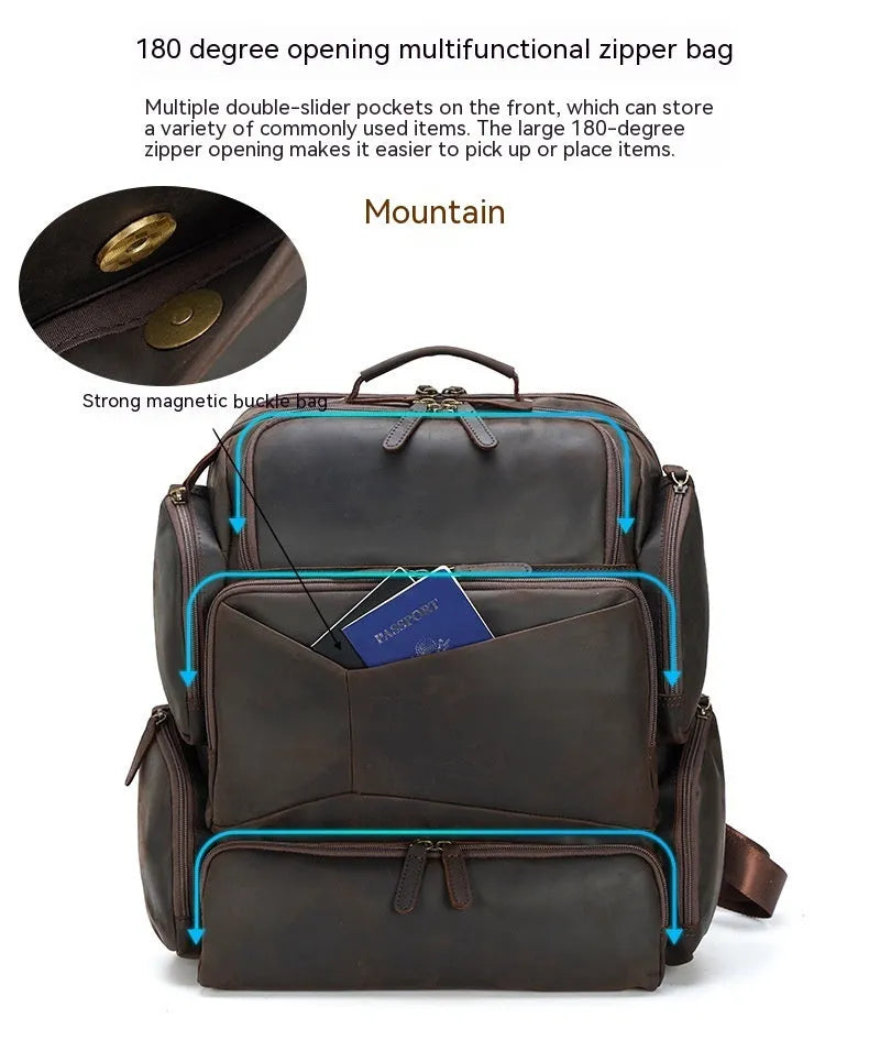 Dark brown retro leather backpack for men showing front view and open compartments.
