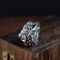 Sterling silver open ring with detailed Domineering Diamond and Jibeast animal pattern.