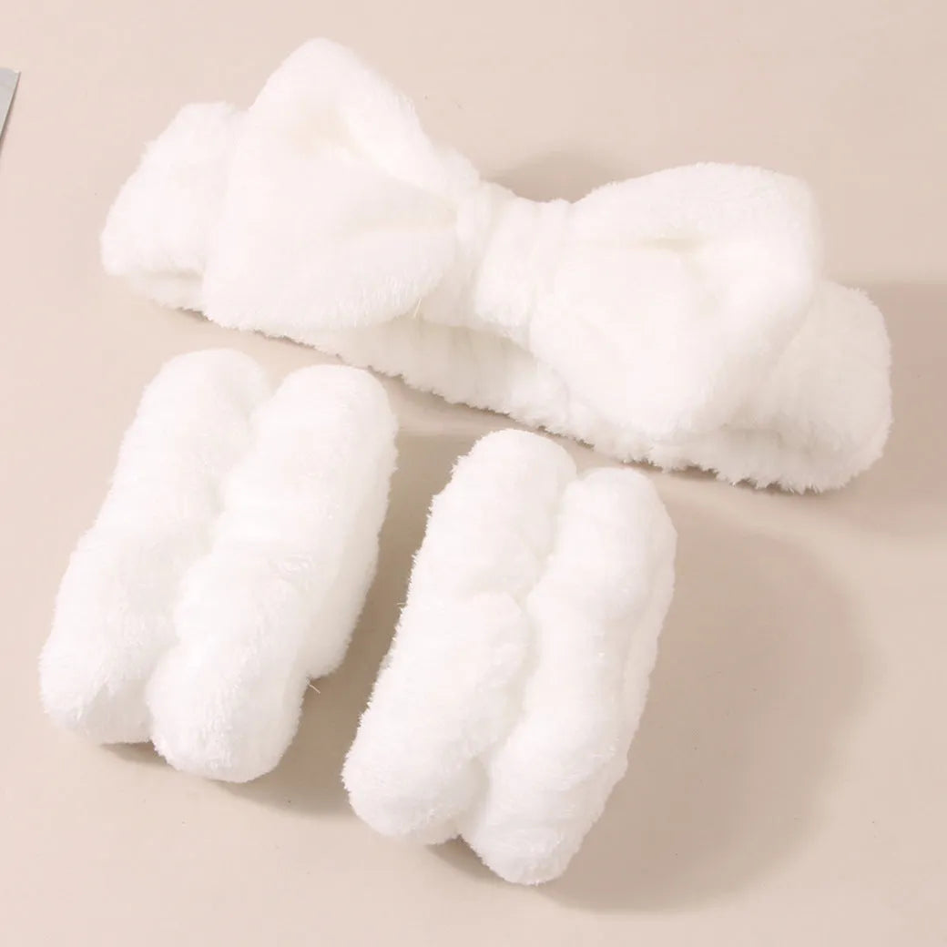 Facial brush set with coral fleece hair band, plastic handle brush, and facial wash suit in purple, grey, pink or white colour options