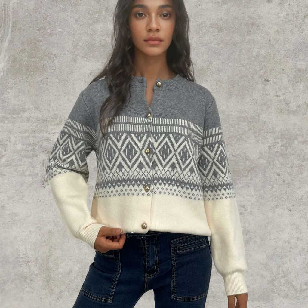 Women's red alpaca wool cardigan with grey and white diamond pattern and long sleeves