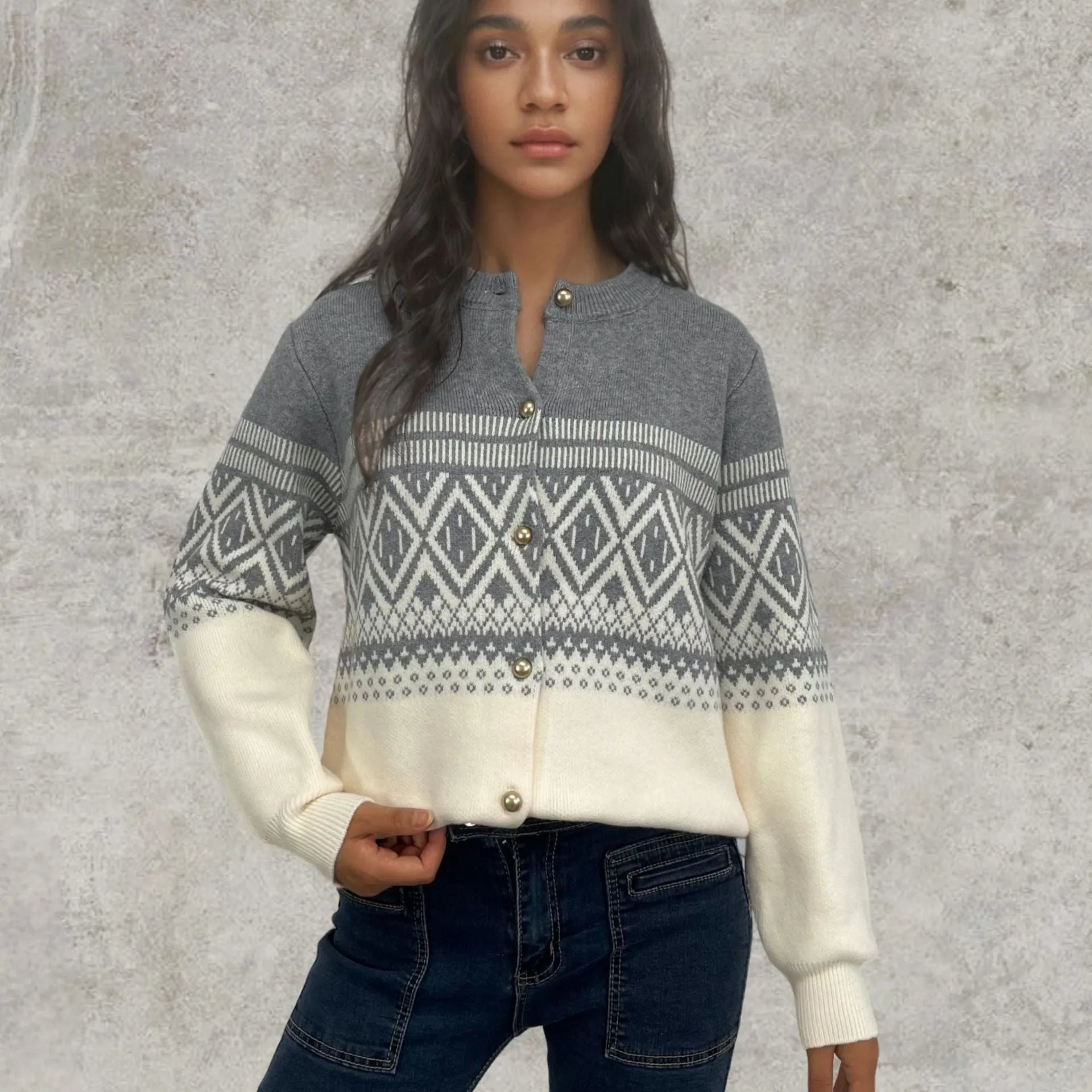 Women's red alpaca wool cardigan with grey and white diamond pattern and long sleeves