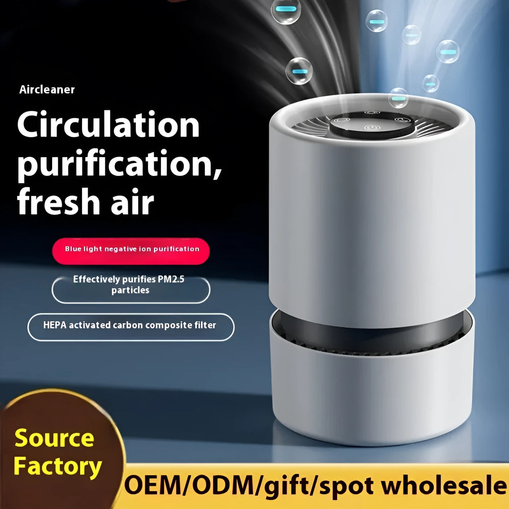 White desktop air purifier unit with USB cable for formaldehyde and odour removal in small rooms