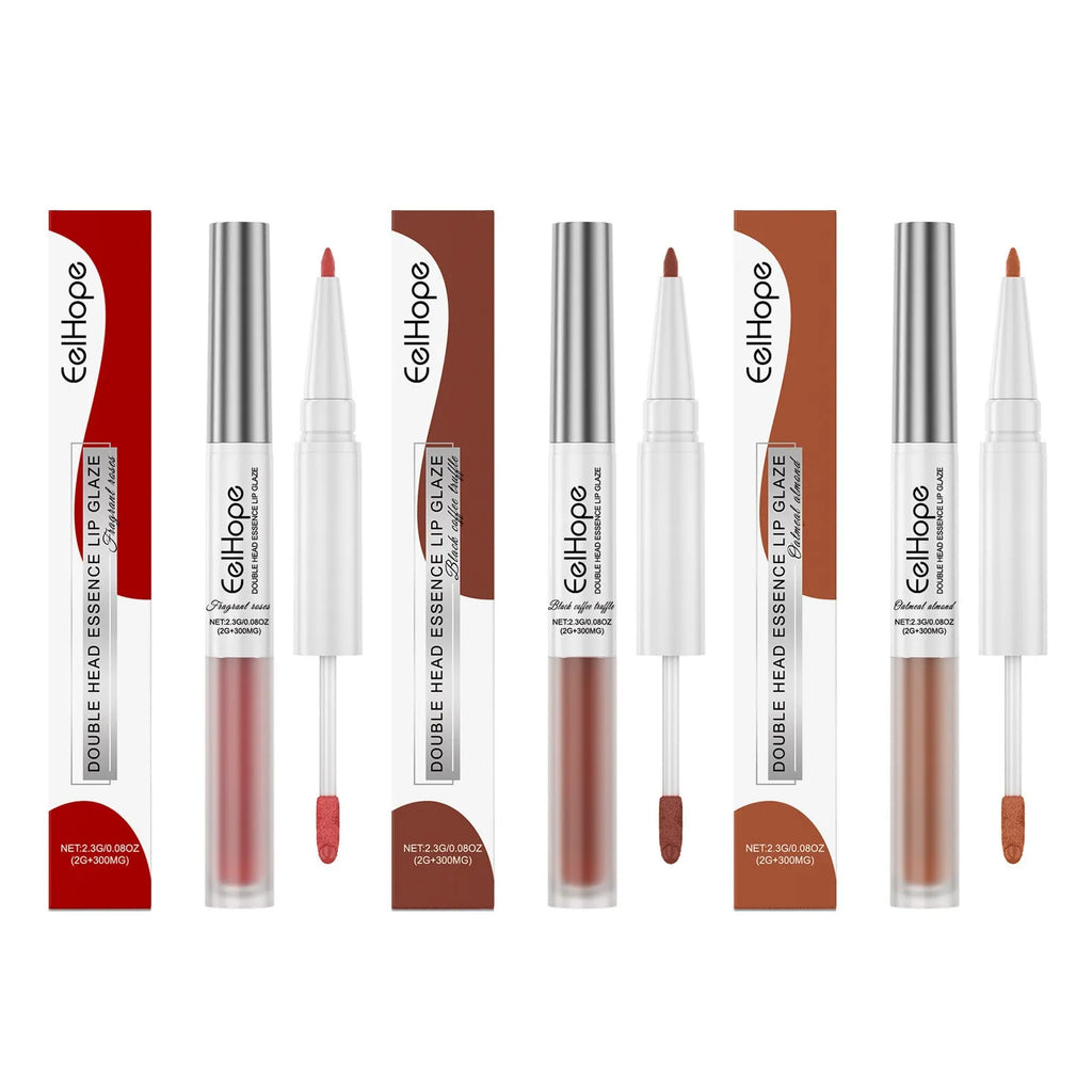 Double-headed lip liner and lip lacquer pen in a matte finish shown with three colour options.