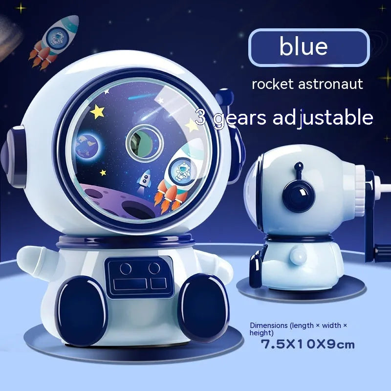Astronaut-themed manual pencil sharpener in blue or pink with adjustable three-level sharpening for 2mm pencils