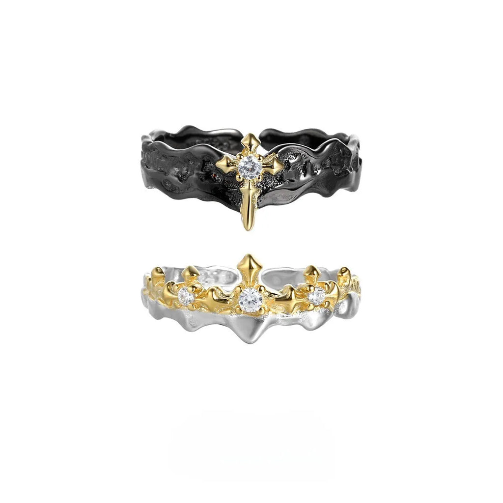Princess Knight adjustable silver couple ring with white gold or black gold electroplated finish