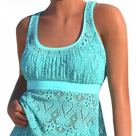 Women's solid colour two-piece swimwear set with conservative hollow design and high-waisted briefs.