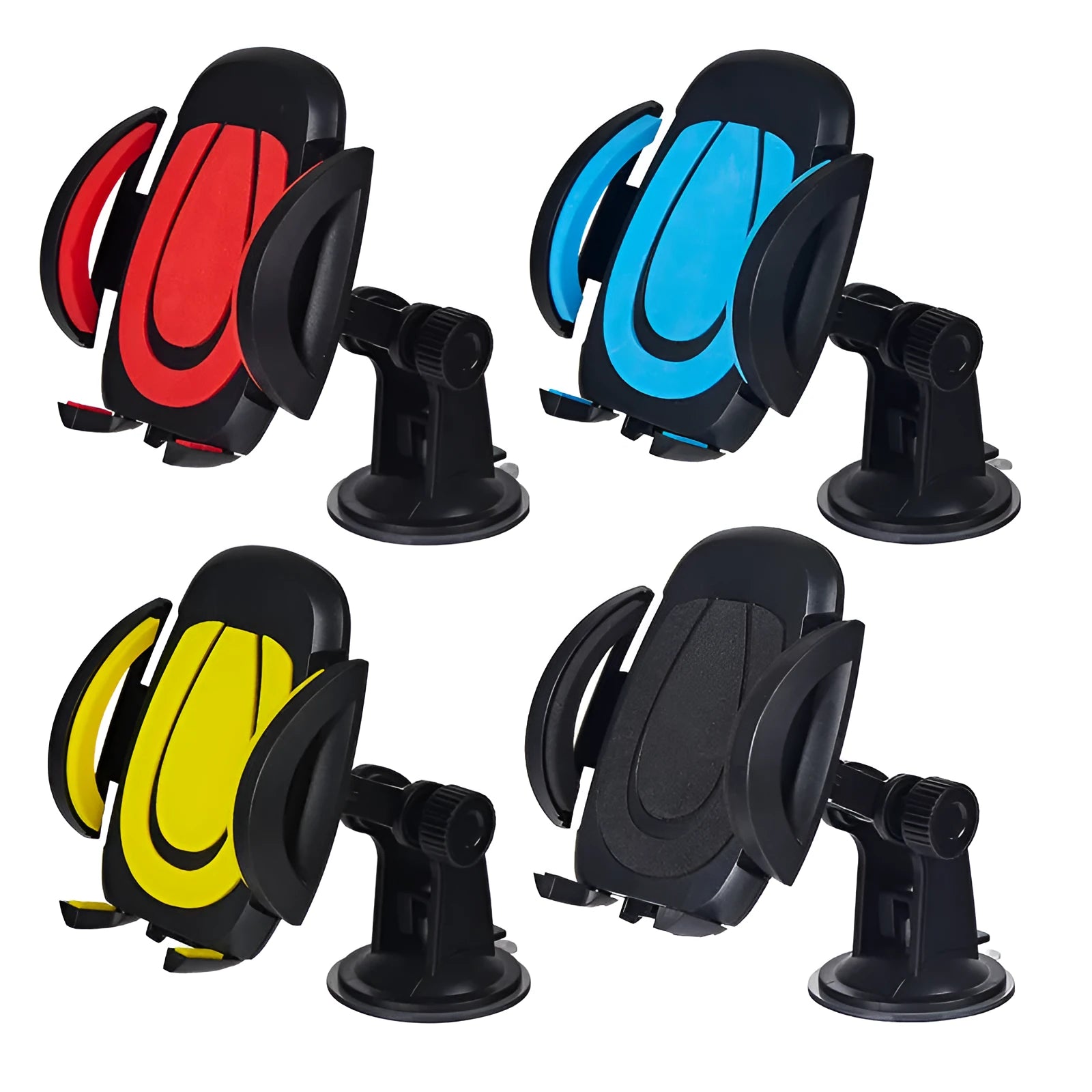 Red ABS suction cup U-shaped mobile phone bracket mounted on car dashboard holding smartphone