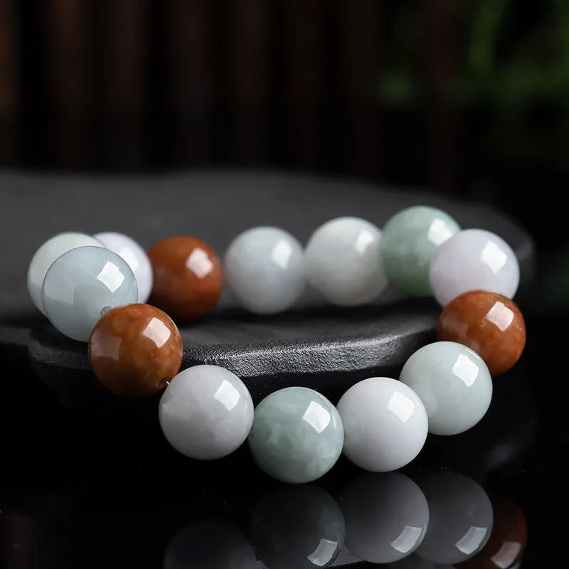 Women's Myanmar jade bracelet with three natural colours in 13mm round beads
