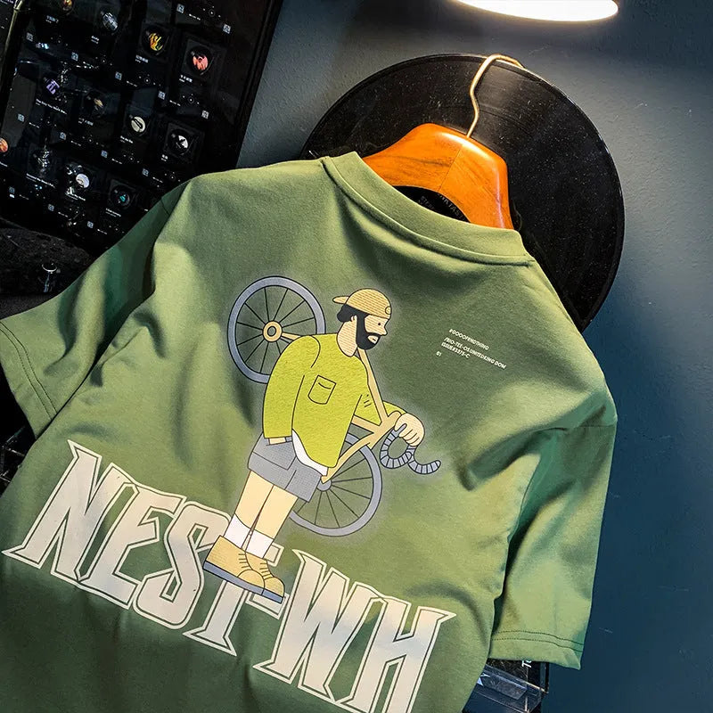 Green loose fit men's t-shirt with literary youth print design and short sleeves