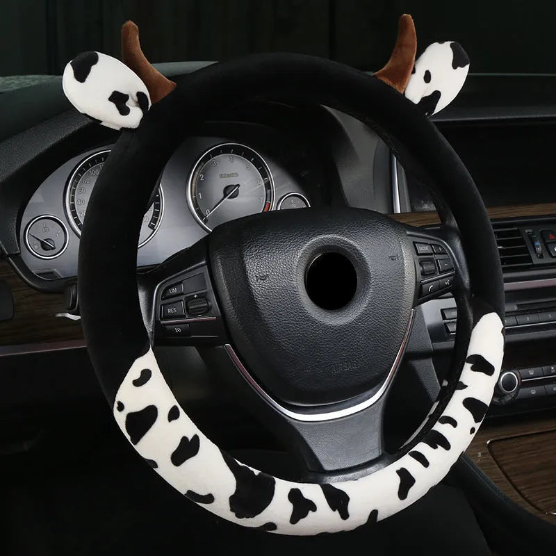 Short plush steering wheel cover in black or coffee colour with protective handle