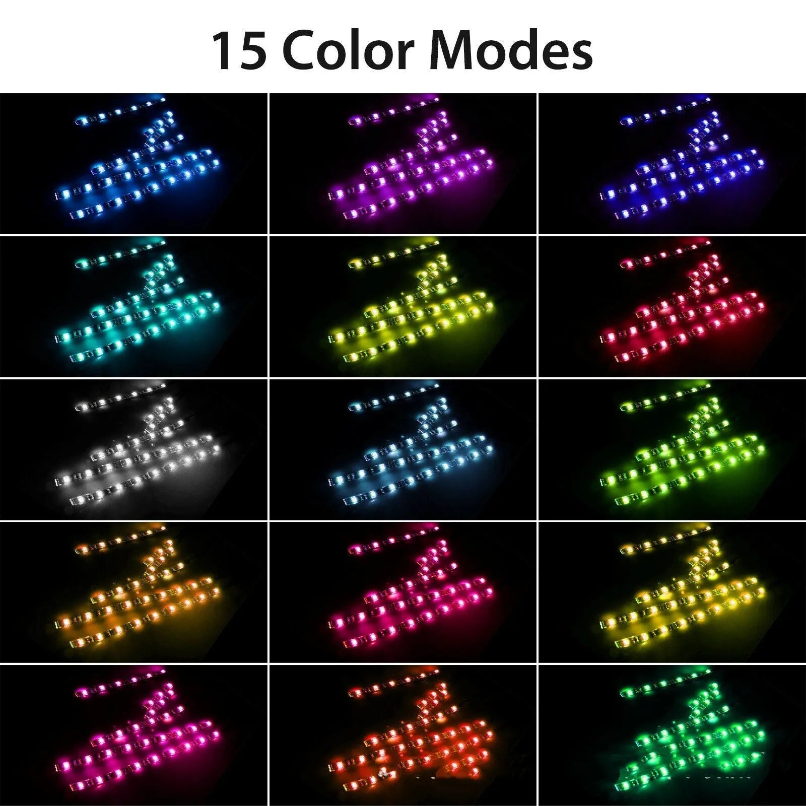 Black silicone LED atmosphere light bar for vehicles with wireless remote control showing RGB lighting effects