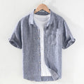 Men's linen short sleeve shirt with square collar in raw jute and grey colours