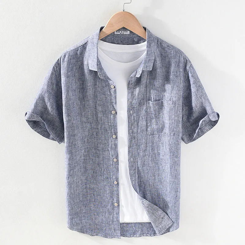Men's linen short sleeve shirt with square collar in raw jute and grey colours