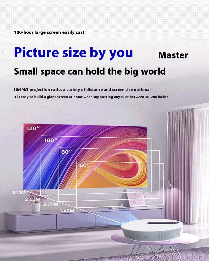 White HD home projector with remote control for bedroom cinema and smart home entertainment