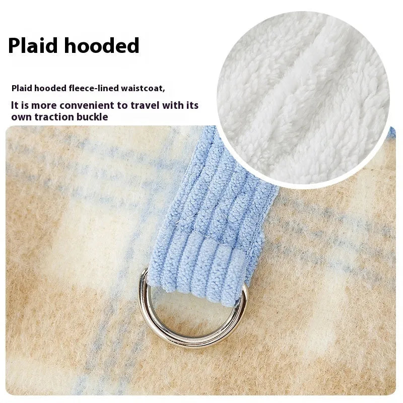 Blue corduroy chessboard grid hooded vest for dog on model showing hooded traction design