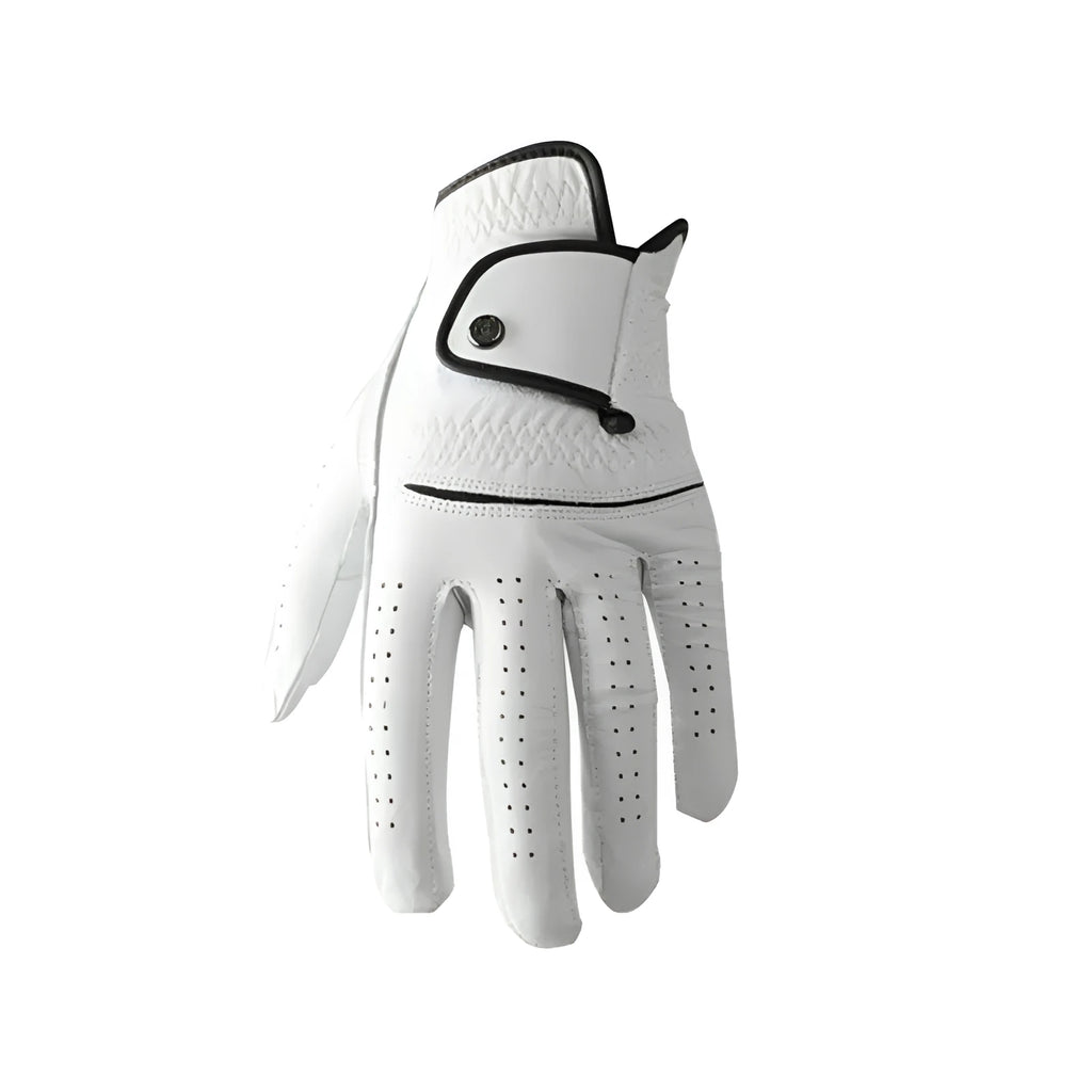 White half sheepskin men's golf gloves showing non-slip palm texture