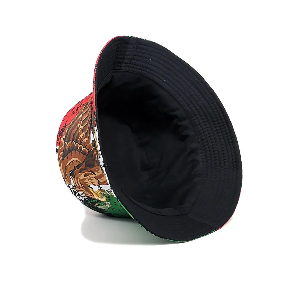 Retro-style polyester bucket hat featuring a large eagle pattern print on the crown.