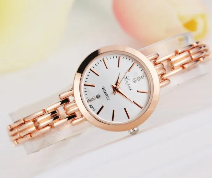 Women bracelet quartz wristwatch round dial silicone strap alloy case pin buckle silver rose gold