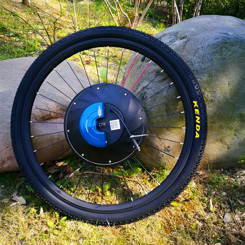 Yunzhilun 26 inch bicycle electric conversion kit showing hub motor wheel, lithium battery pack, and charger