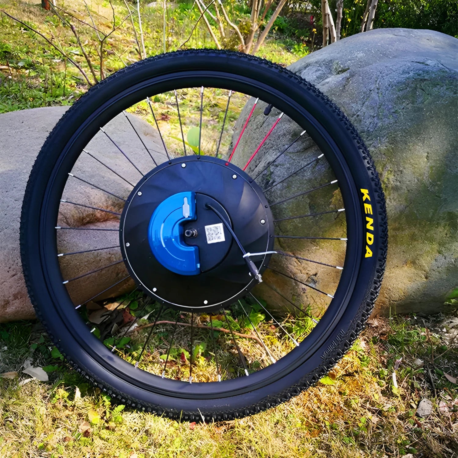 Yunzhilun 26 inch bicycle electric conversion kit showing hub motor wheel, lithium battery pack, and charger