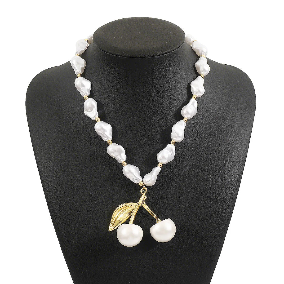 Gold electroplated alloy fruit necklace with pearl chain adjustable from 51cm to 60cm