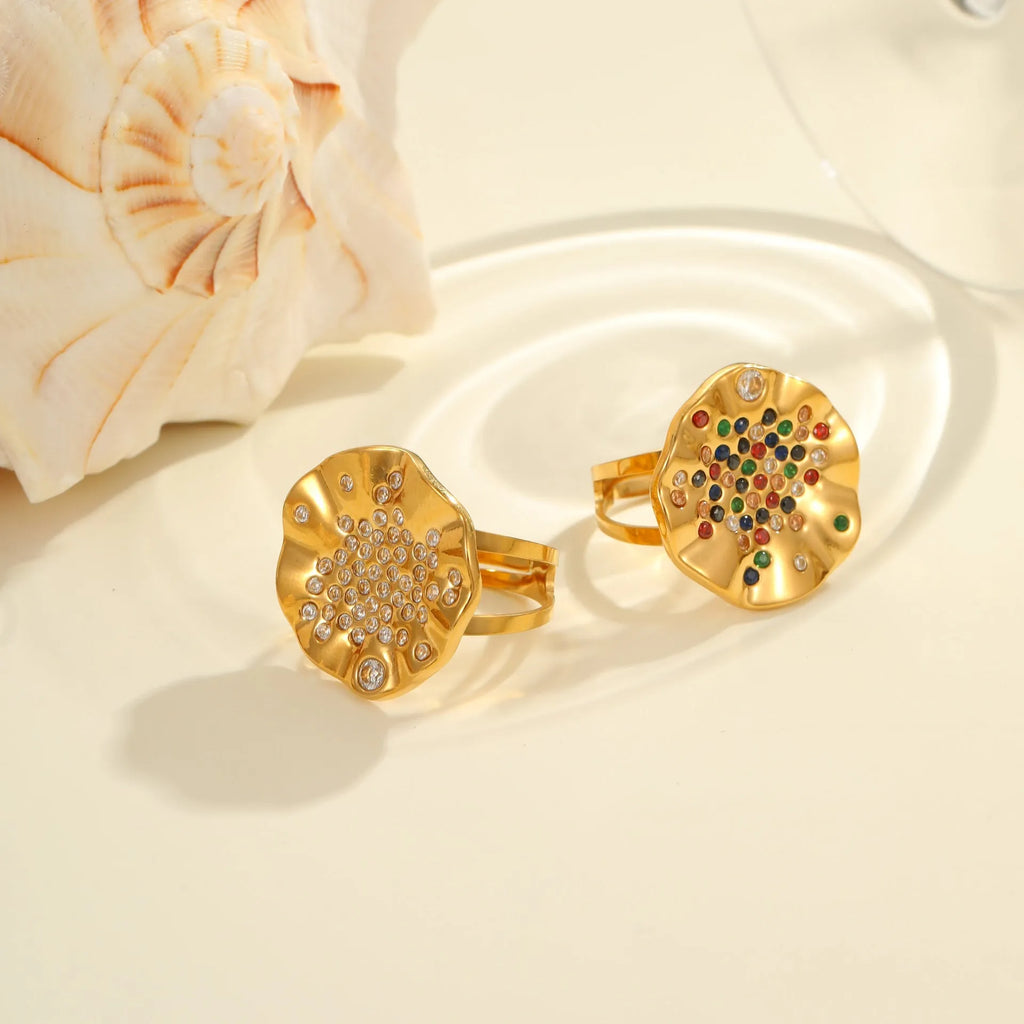 Geometric stainless steel ring with colourful crystal inlays and adjustable open mouth design