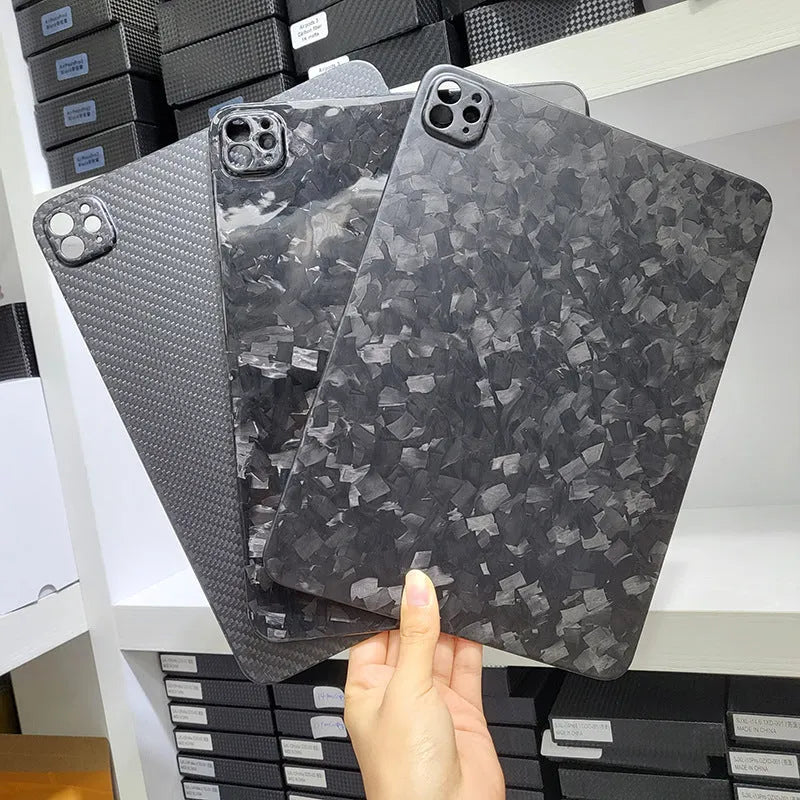 Hard carbon fibre protective case for iPad Pro 11 inch showing plaid pattern and one of three available finishes.