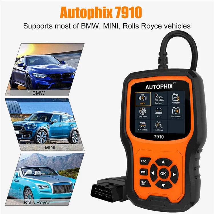 Autophix 7910 automotive diagnostic scanner for BMW vehicles with OBD2 connector