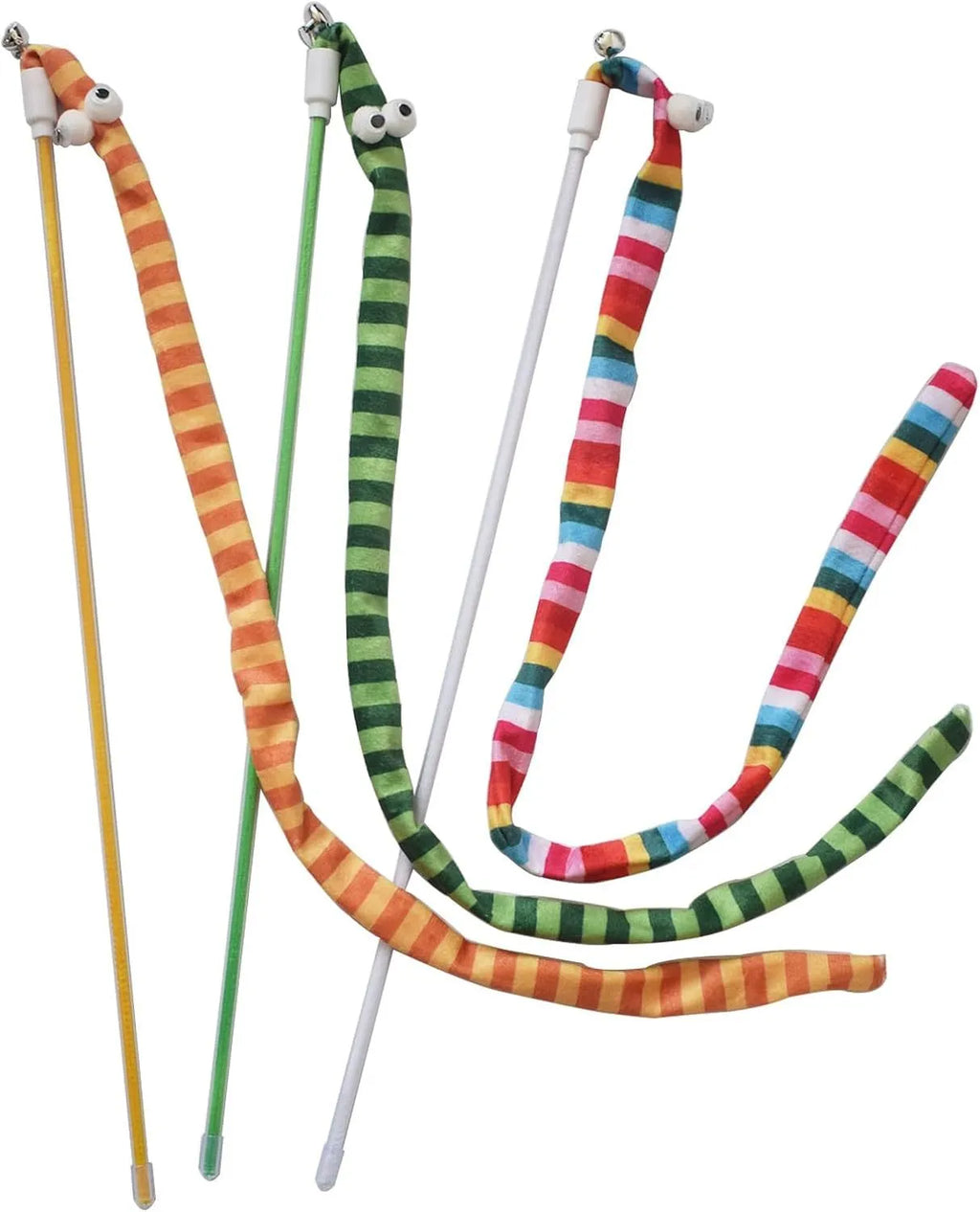 A colourful cat teaser wand with a long plush strip and a bell, held by a person.