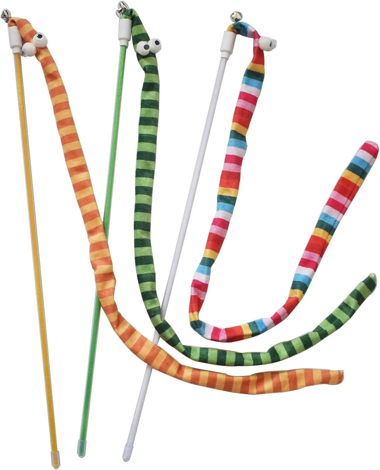 A colourful cat teaser wand with a long plush strip and a bell, held by a person.