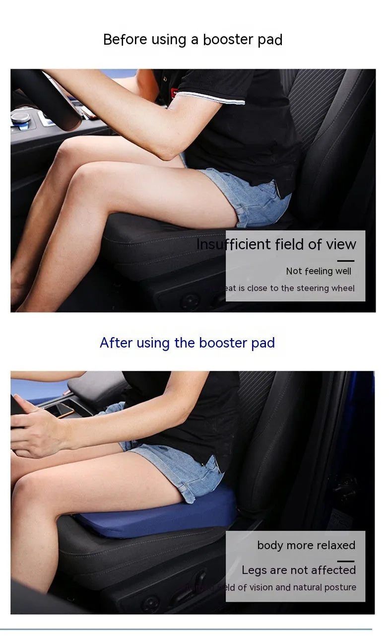 Black car seat cushion with memory foam filling measuring 42x39x6cm