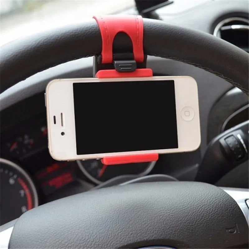 Black steering wheel phone holder with silicone pad for smartphone protection measuring 75x40x25mm