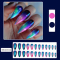 Wear Armour medium almond armour frosted nail stickers showing four patterns: French colourful leaves, colourful plating, star flash macaron, gradient leopard print