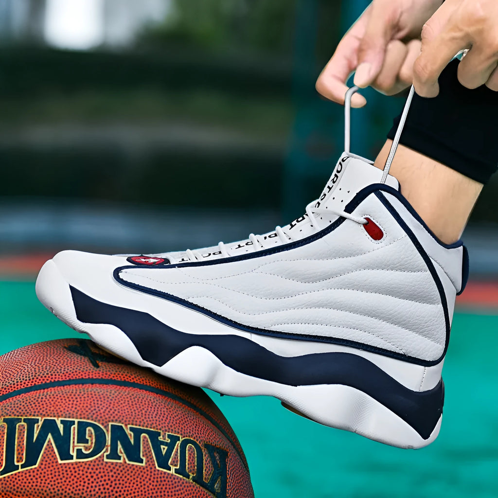 Men's AJ13 mesh basketball shoes with thick rubber sole in white red colour option