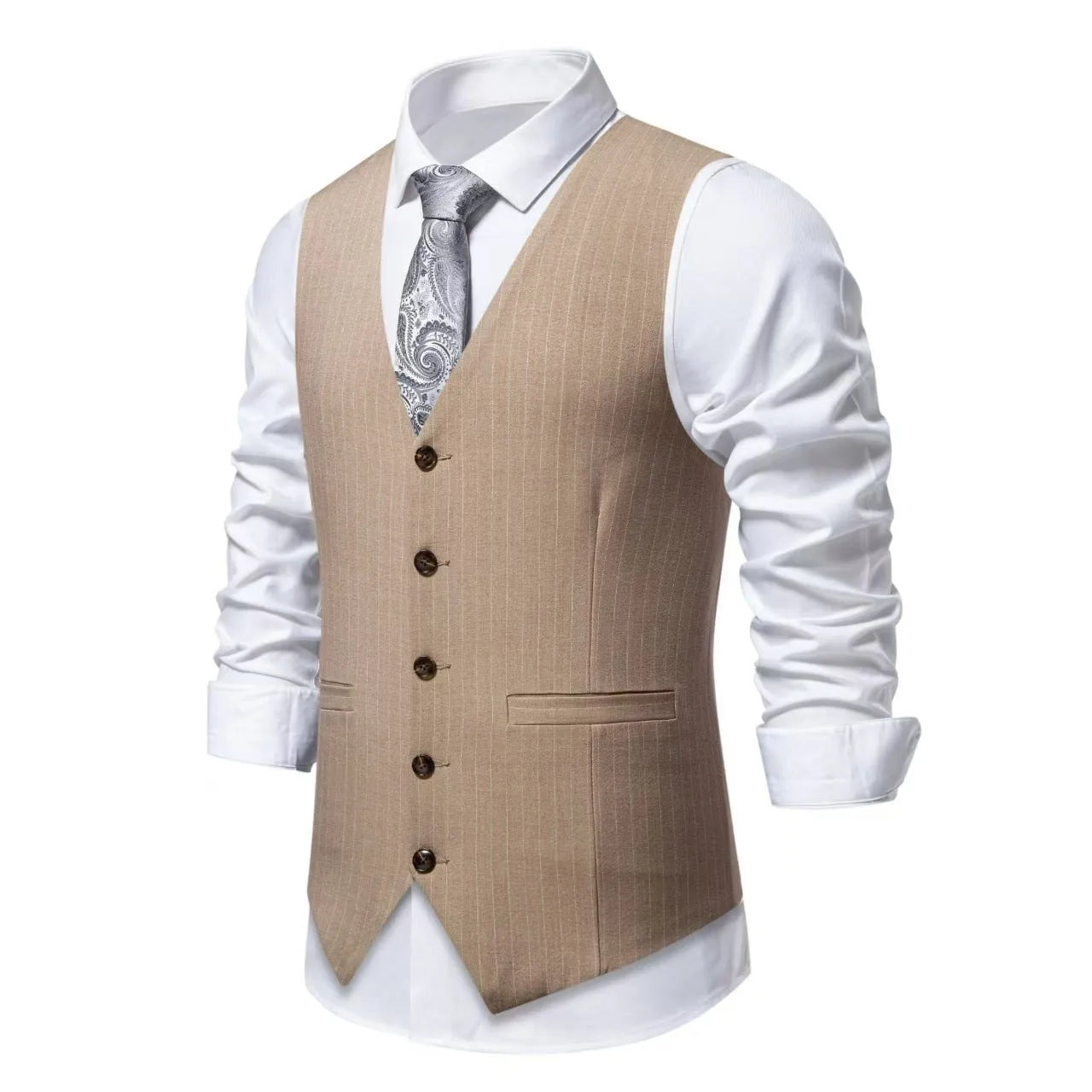 Men's striped formal suit vest in polyester with non-ironing finish on a hanger.
