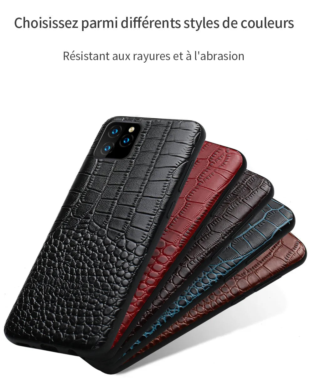 Genuine leather iPhone case with crocodile pattern texture in brown colour.