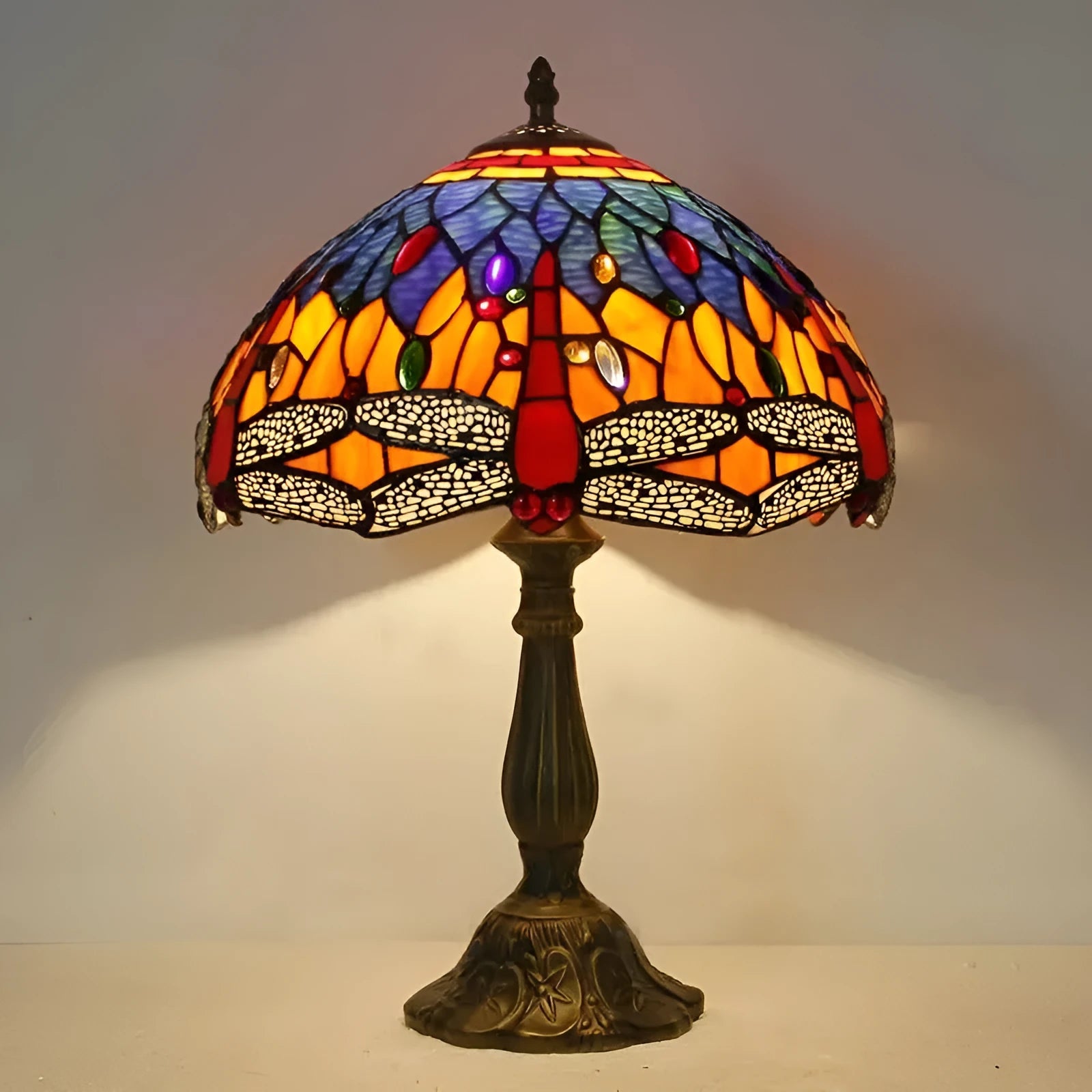 Stone table lamp with Tiffany dragonfly design in European retro style