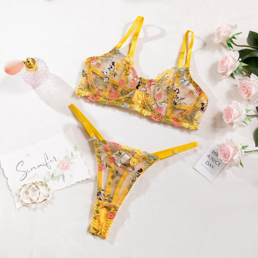 Floral mesh bra with steel ring T-back traditional underwear suit in multiple colours