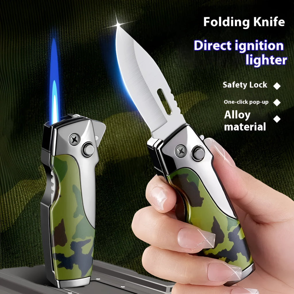 Metal folding knife lighter in zinc alloy with safety lock and one-click unfolding mechanism