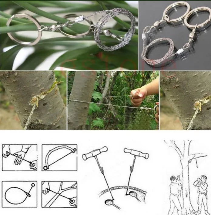 Stainless steel survival wire saw with thumb rings for outdoor cutting