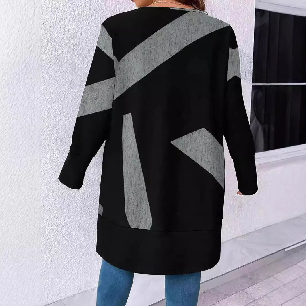 Black plus size casual cardigan with button stitching printing, loose fit regular sleeve design