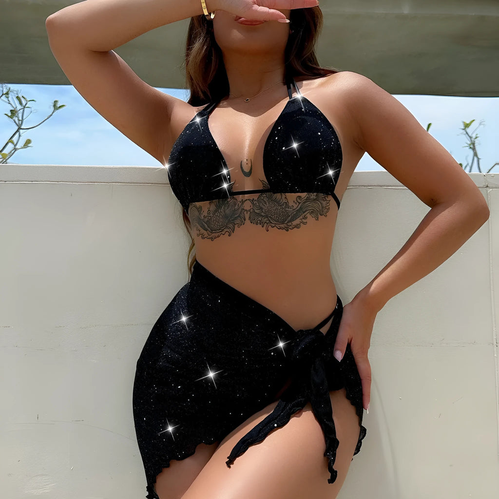 Black three-piece polyester bikini set with top and shorts on a size chart showing S, M, L.